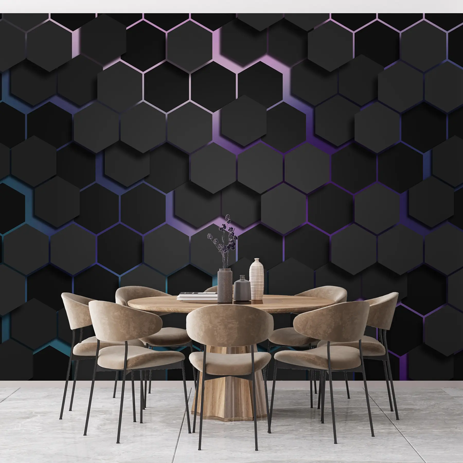 murales de pared Hexágonos negros con efecto 3D en colores negro y morado u79935v2