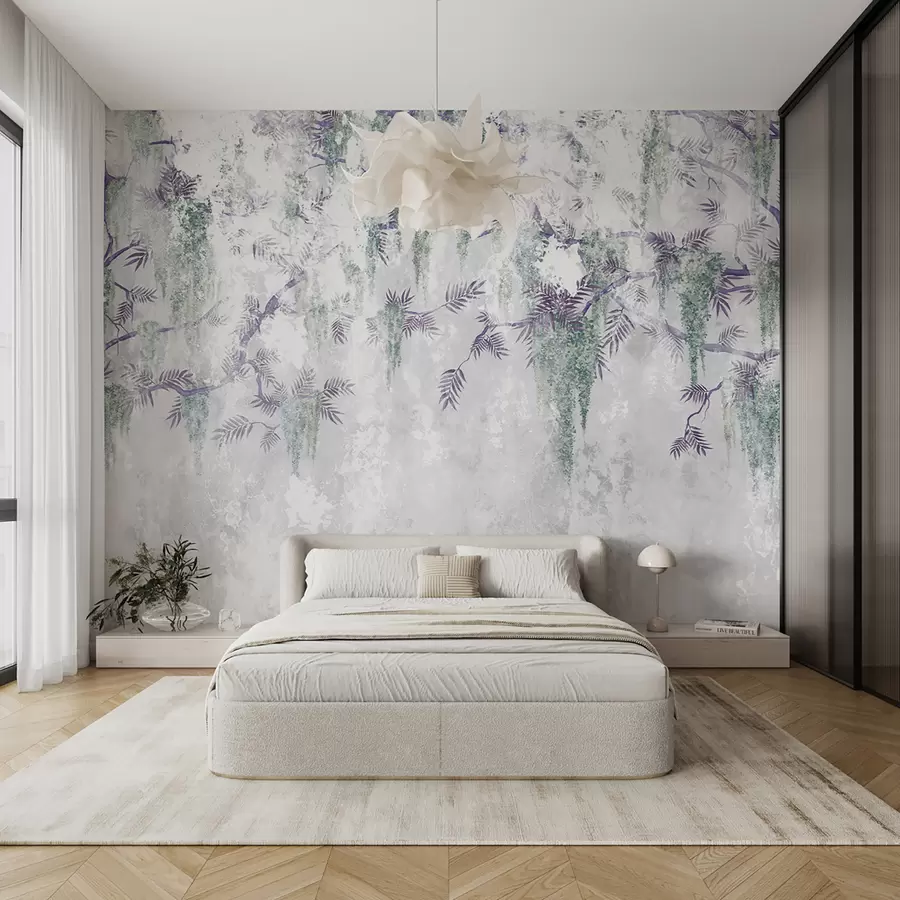 murales de pared Colgante de moda grunge ramas con flores de color púrpura en colores azules u73816v1