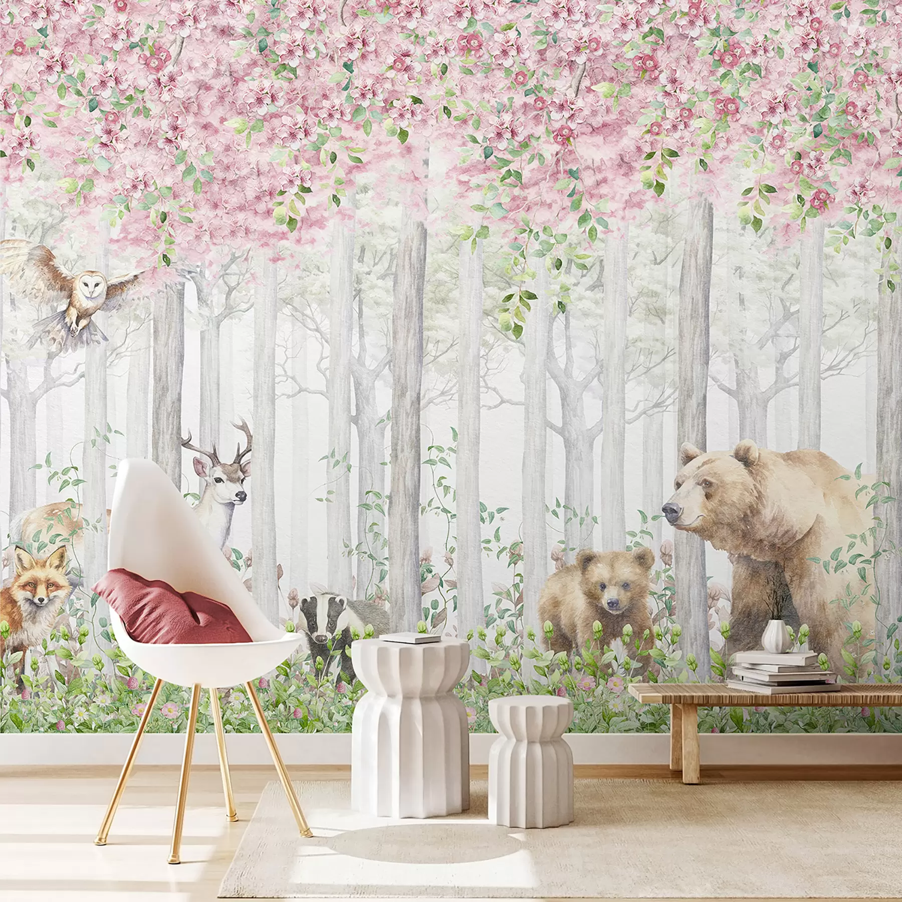 murales de pared Bosque en flor con animales u97614