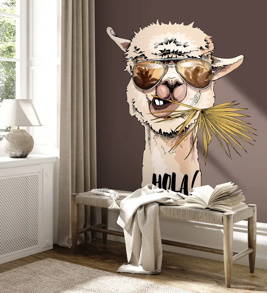 murales de pared Retrato de un lama con gafas de sol y una hoja de palma en abanico u98177