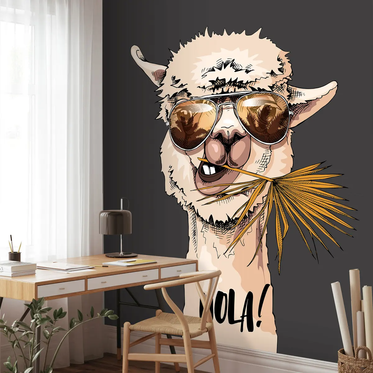 murales de pared Retrato de un lama con gafas de sol y una hoja de palmera en abanico u98177v1