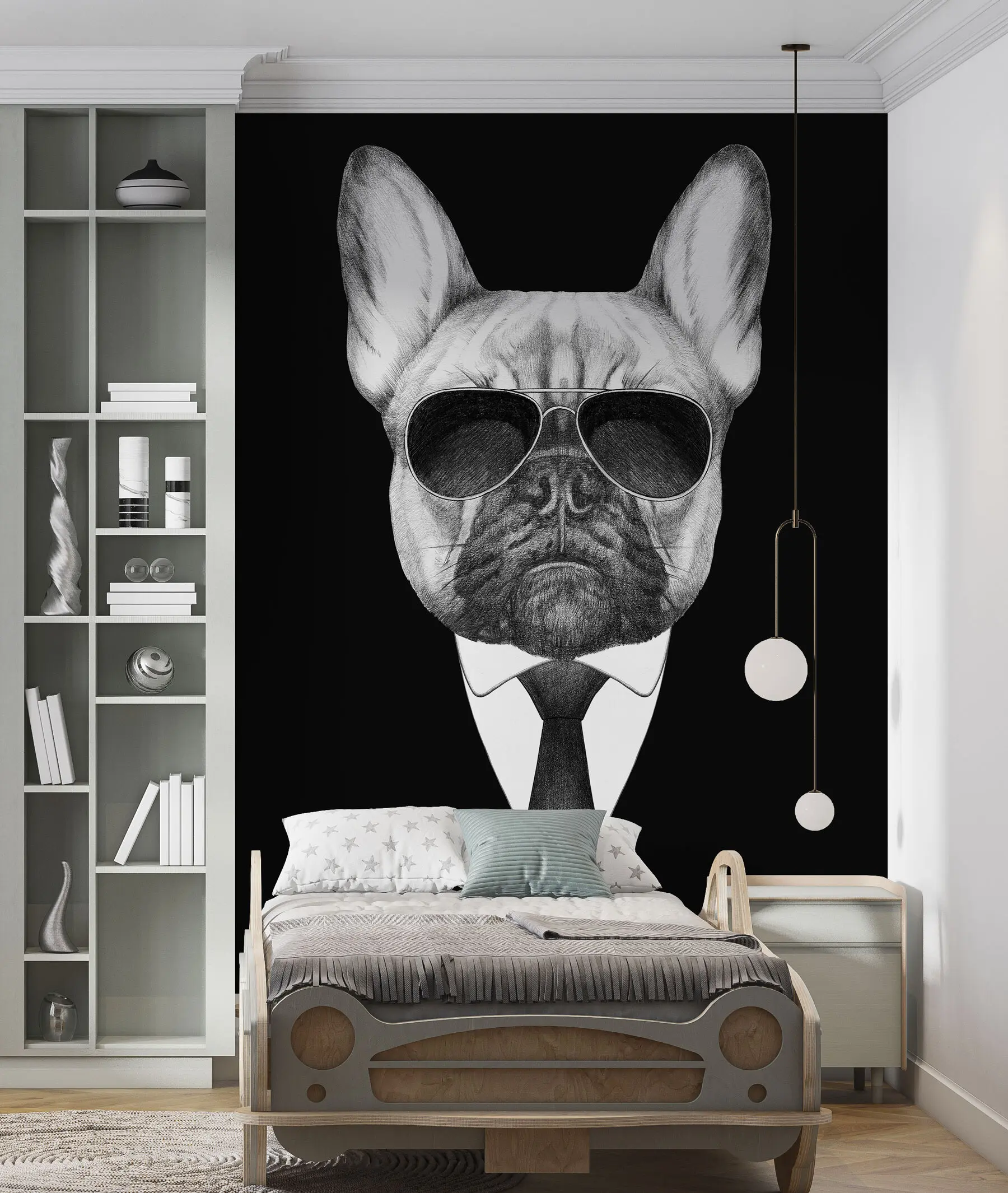 murales de pared Retrato de un Bulldog Francés con traje y gafas de sol u98183