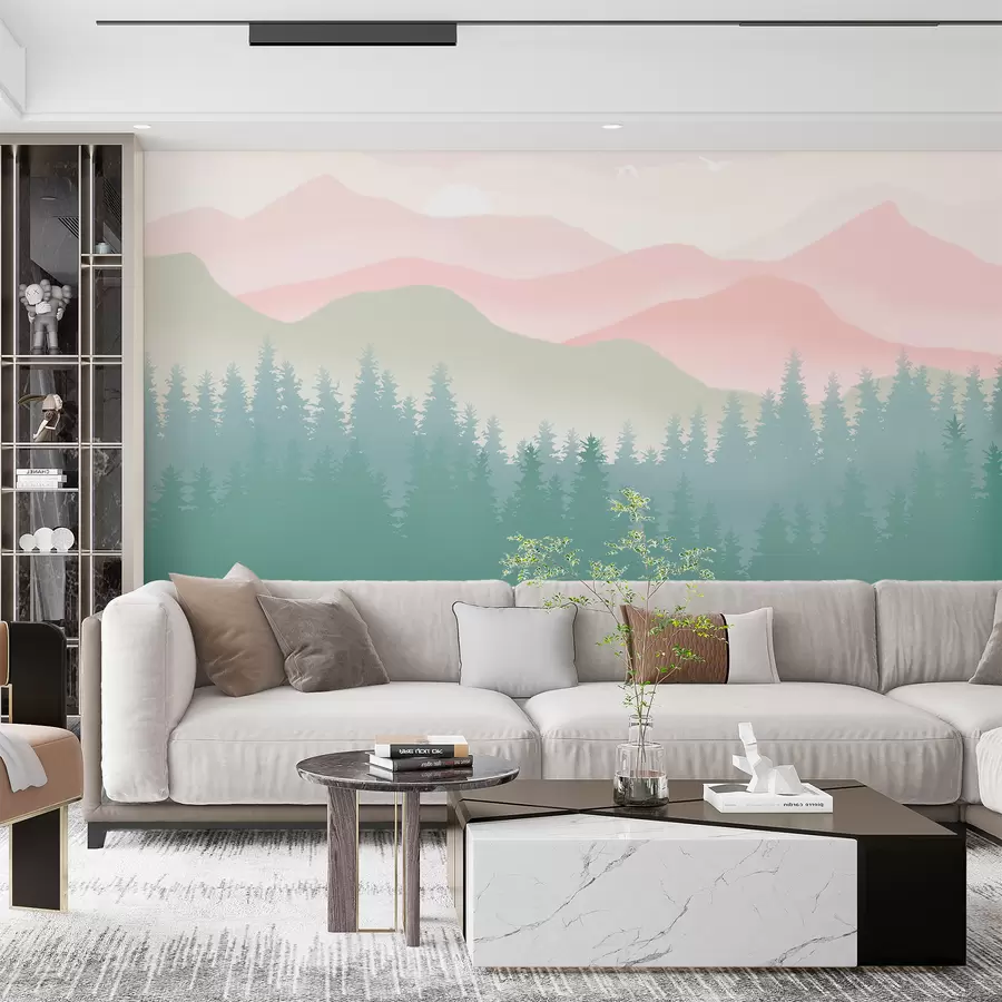 murales de pared Montañas neblinosas con bosque de pinos, colores naturales suaves, rosa y verde u98774