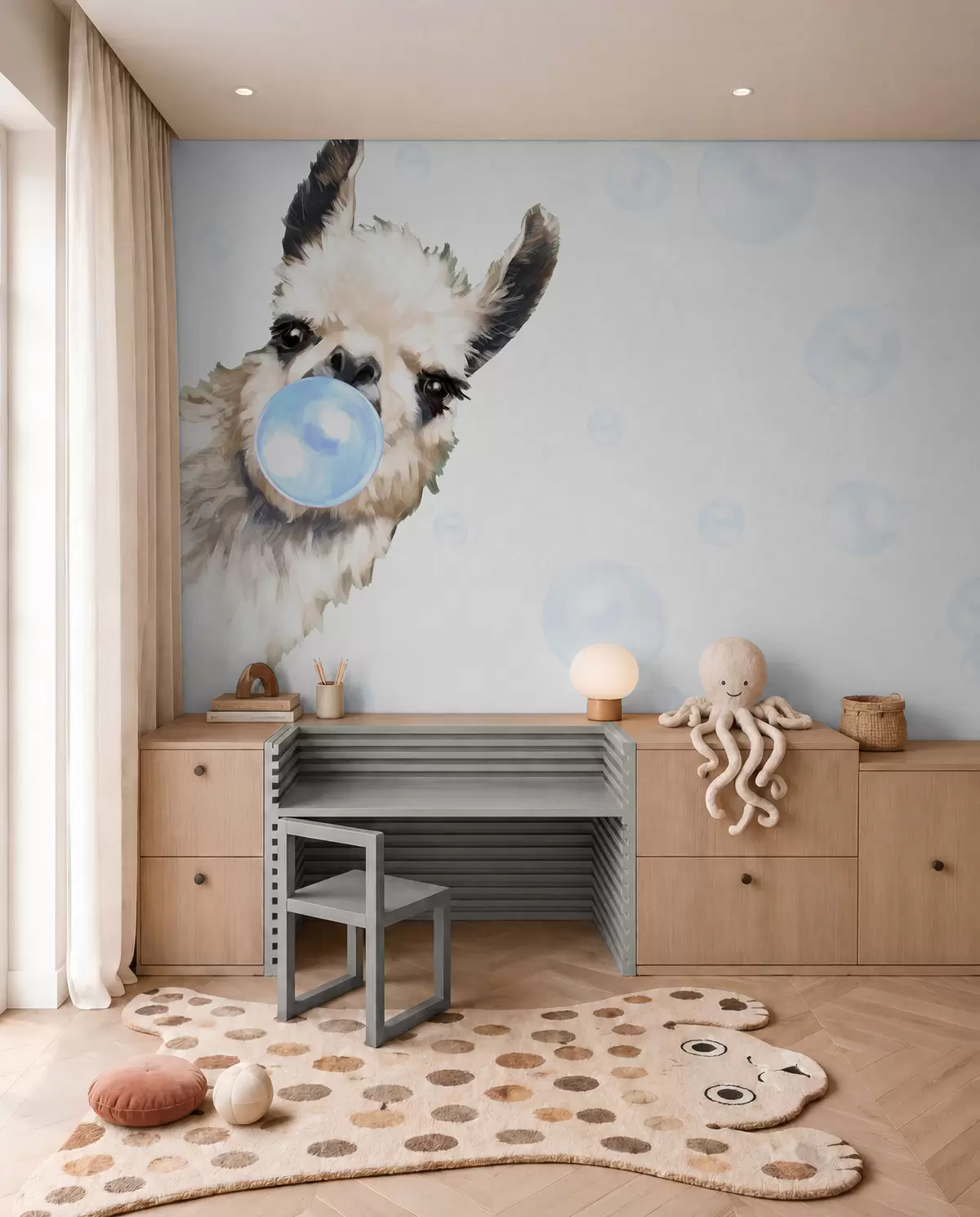 murales de pared Alegre llama y burbujas azules u98952v1