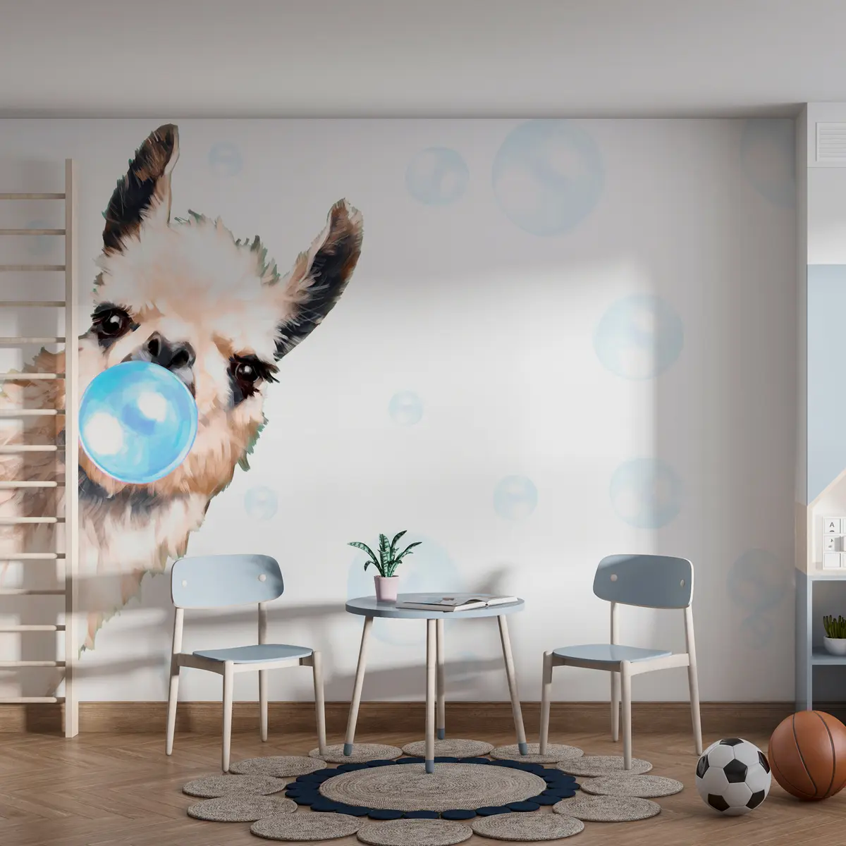 murales de pared Alegre llama y burbujas azules u98952v1