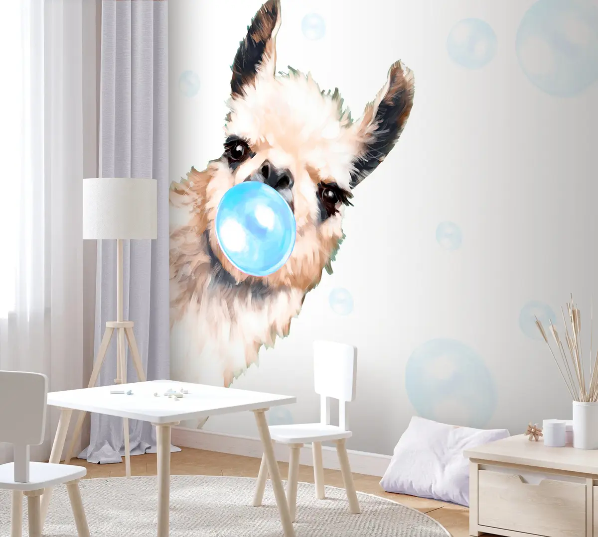 murales de pared Alegre llama y burbujas azules u98952v1