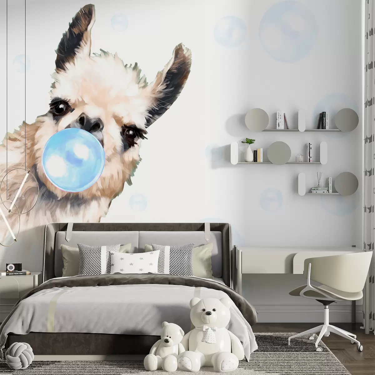 murales de pared Alegre llama y burbujas azules u98952v1