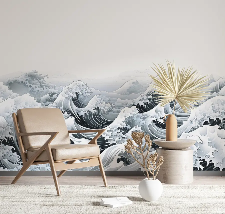 murales de pared Olas de mar de estilo japonés, tema oceánico, marino, colores suaves u98898