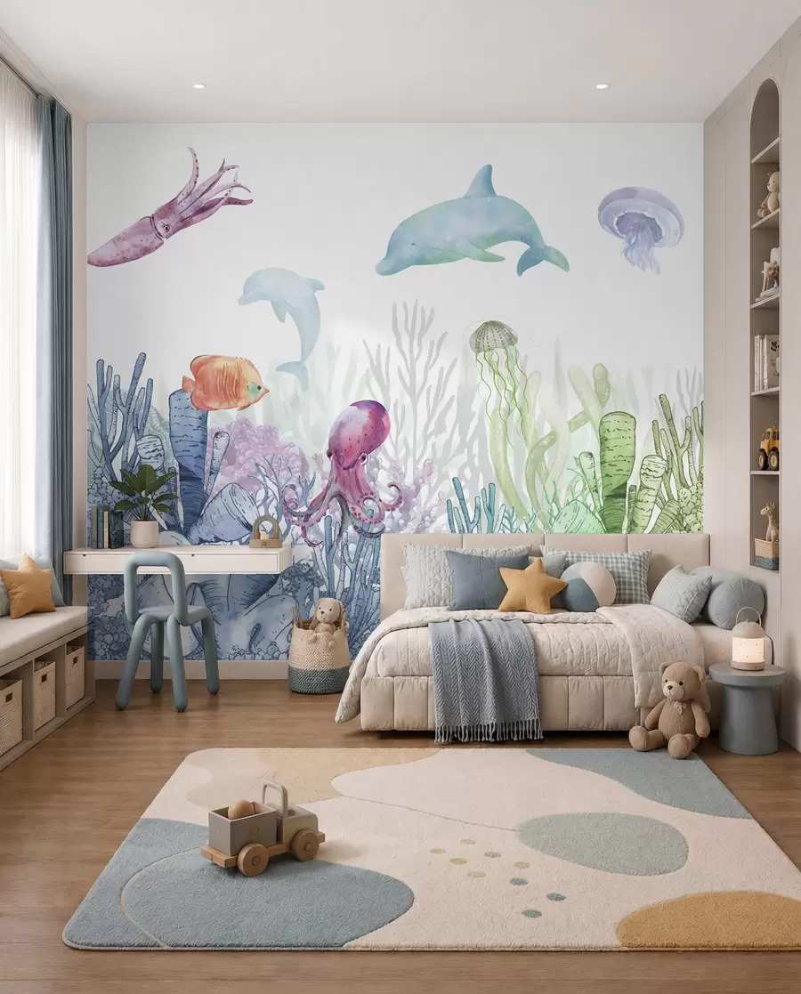 murales de pared Vida marina submarina, Animales marinos, Acuarela, Corales, Delfín, Pulpo u98899