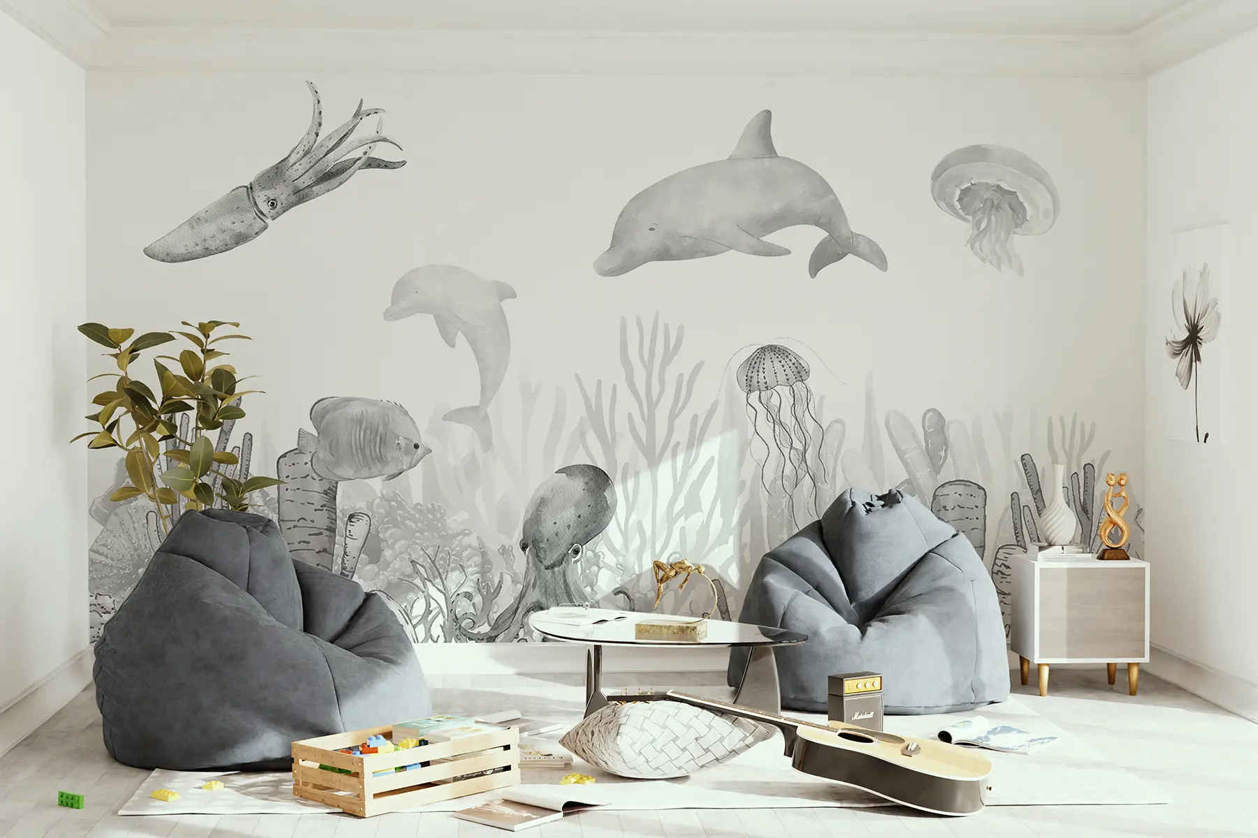 murales de pared Vida marina submarina, animales marinos, acuarela color gris, corales, delfín, pulpo u98899v1