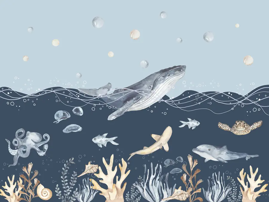 murales de pared Vida marina submarina, ballena, delfín, corales, animales marinos, tema oceánico, colores pastel u98902