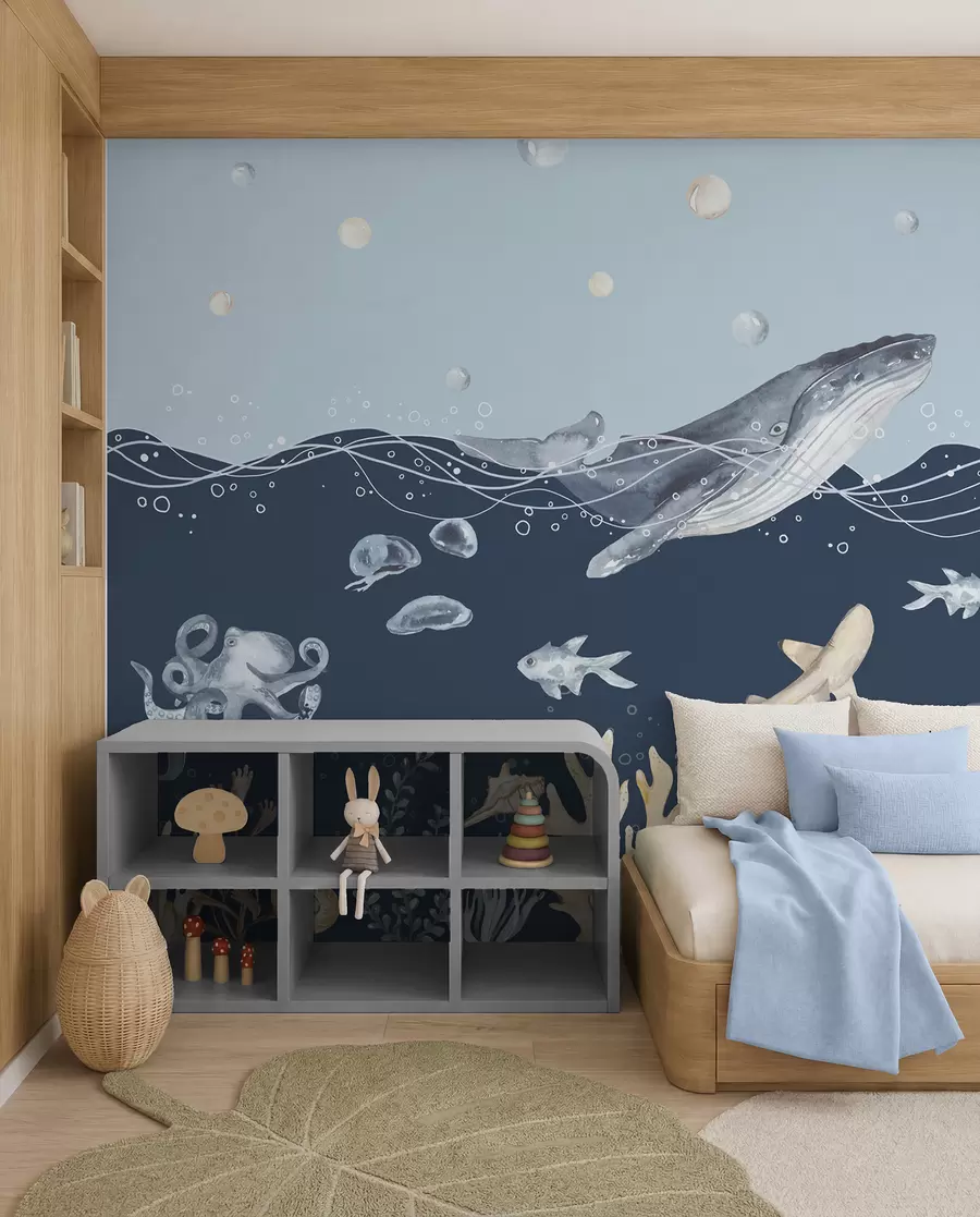 murales de pared Vida marina submarina, ballena, delfín, corales, animales marinos, tema oceánico, colores pastel u98902