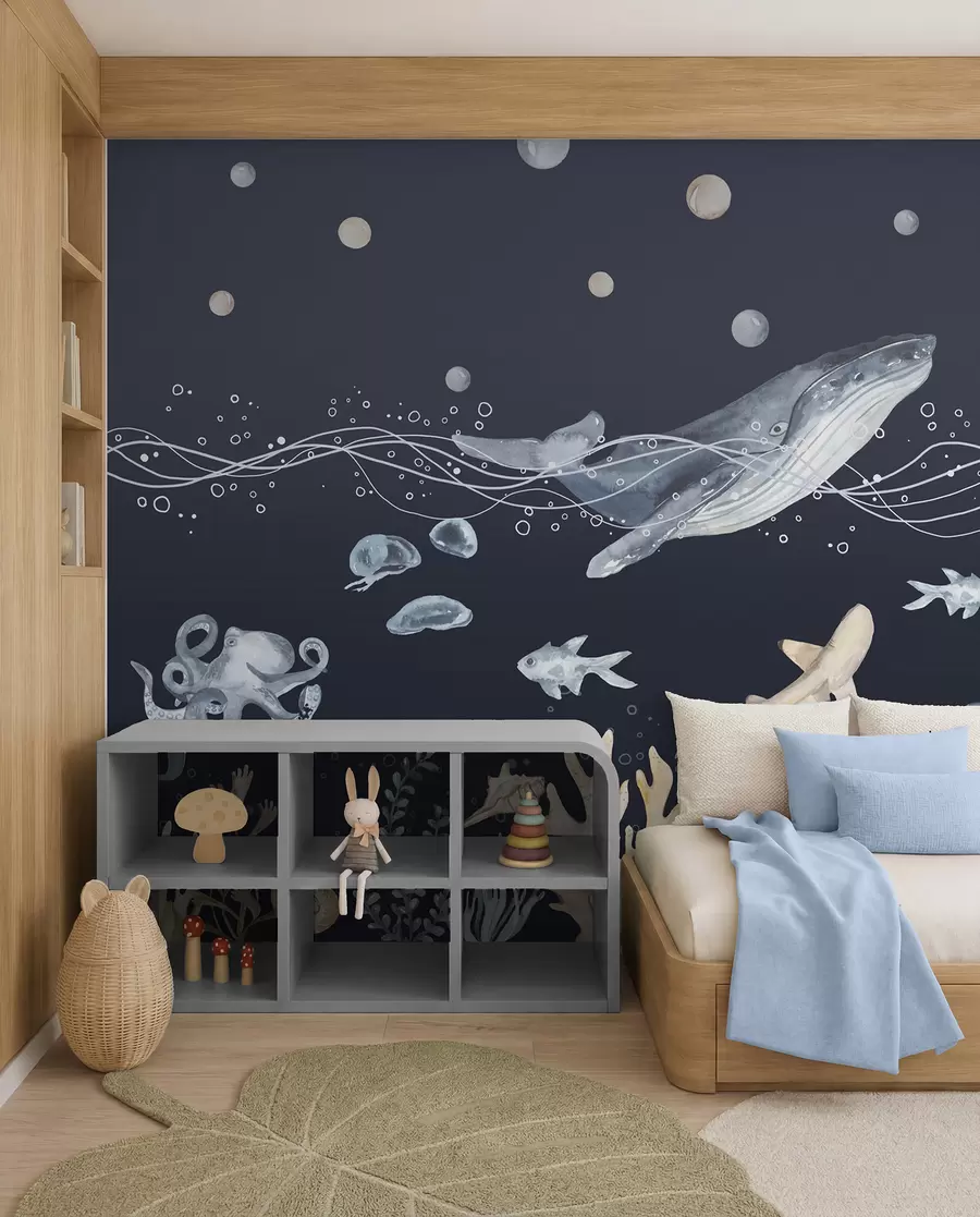 murales de pared Vida marina submarina, ballena, delfín, corales, animales marinos, beige y azul u98902v1