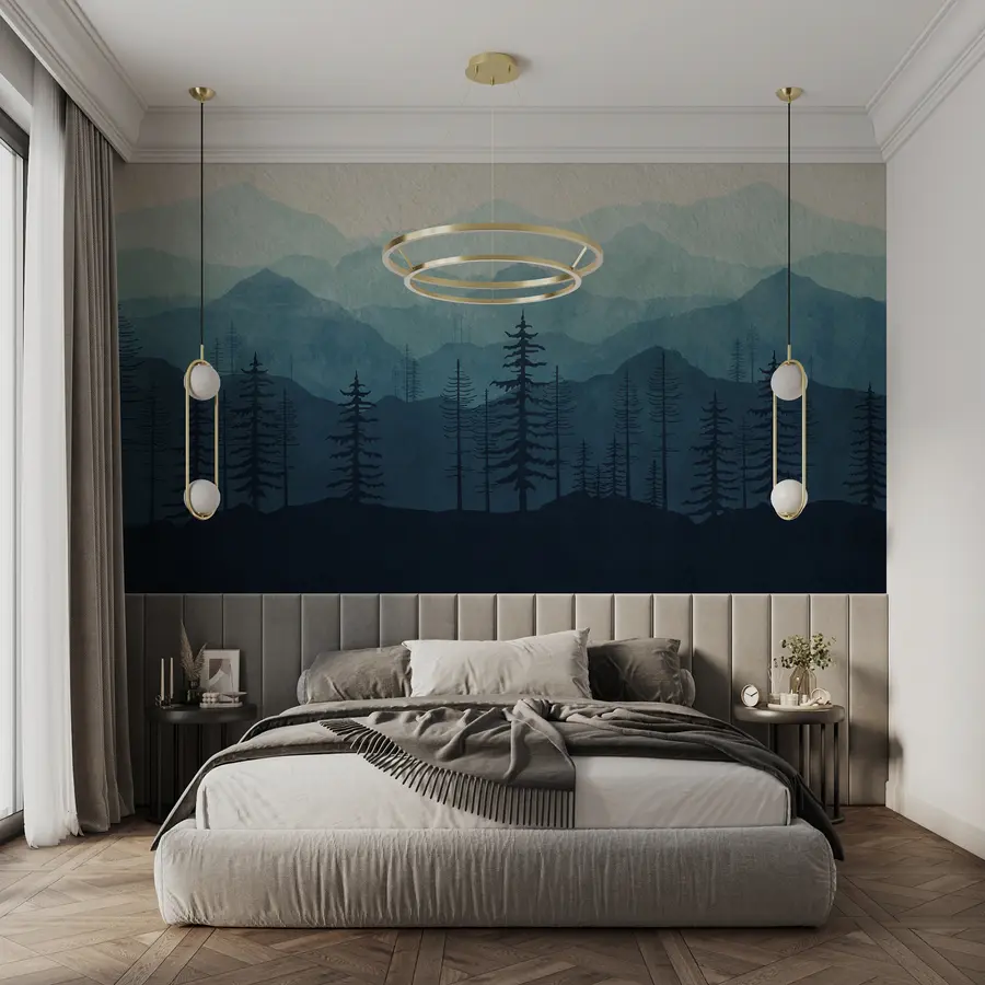 murales de pared Montañas de azul monocromo con textura de acuarela u98925