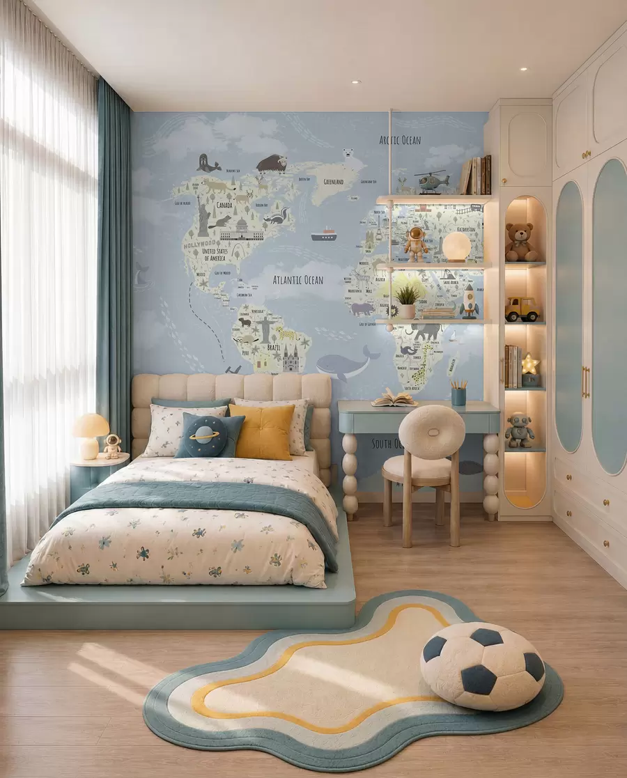 murales de pared Mapamundi infantil con animales y puntos de referencia u96587