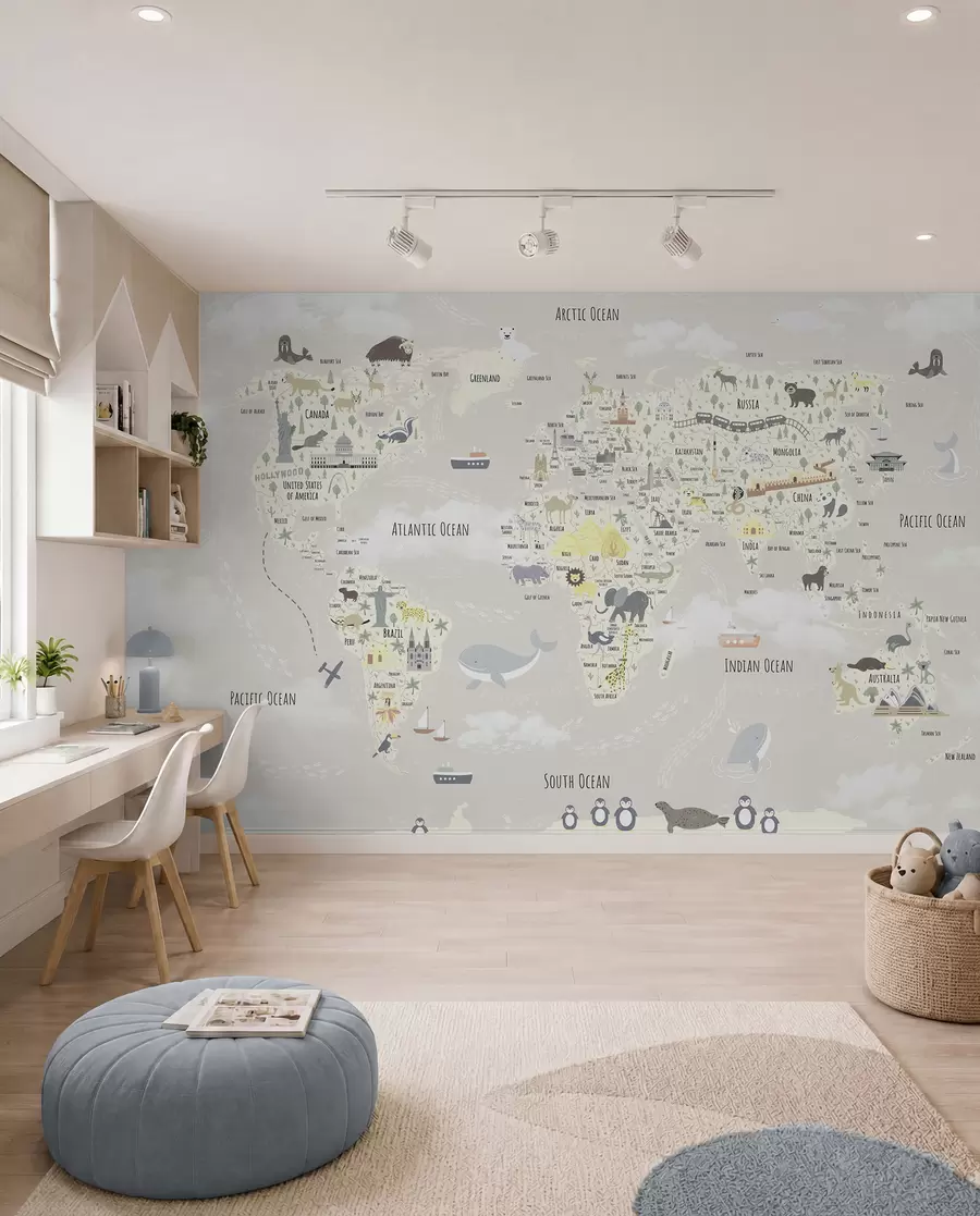 murales de pared Mapamundi infantil con animales y puntos de referencia u96587v1