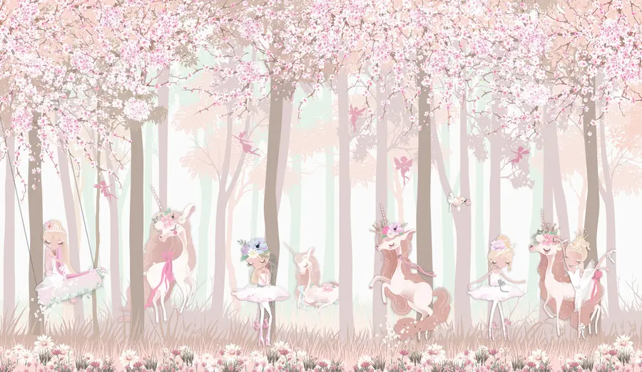 murales de pared Un bosque con princesas y unicornios u98694