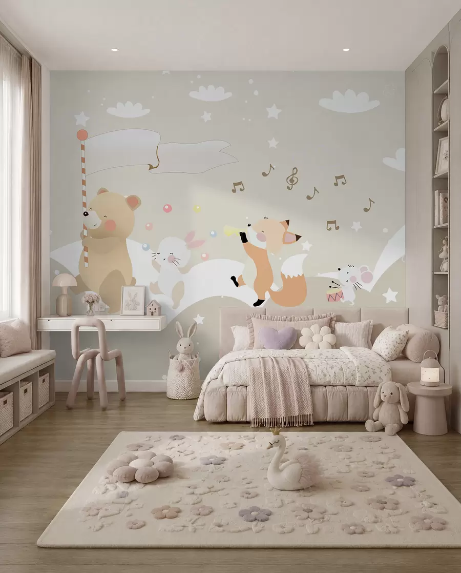 murales de pared Diseño de papel pintado para habitación infantil con simpáticos animales en tonos rosas u98969