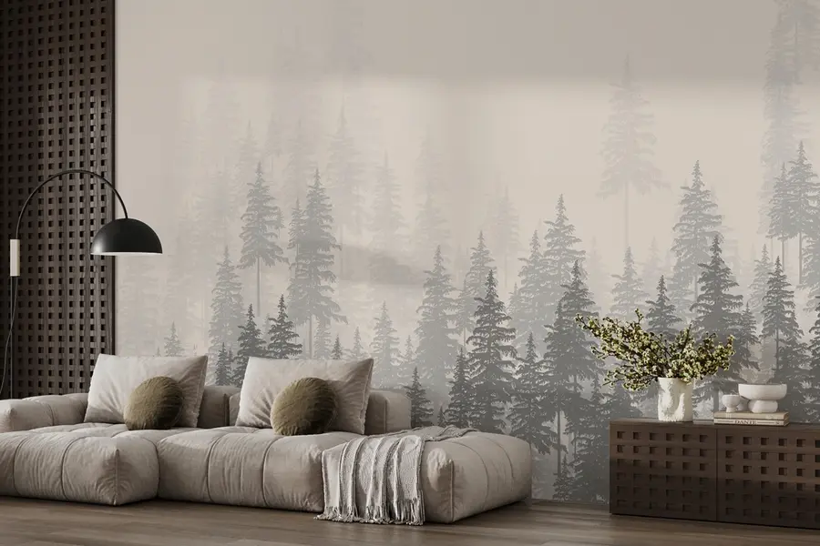 Murales de pared Ilustración monocromática de un bosque siempre verde u99076 murales de pared Ilustración monocromática de un bosque siempre verde u99076