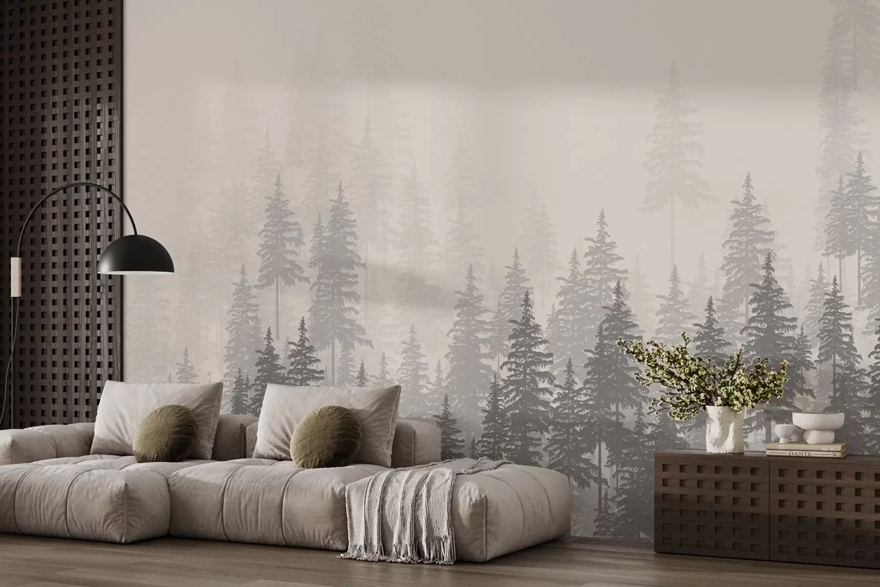 murales de pared Ilustración monocromática de un bosque siempre verde u99076
