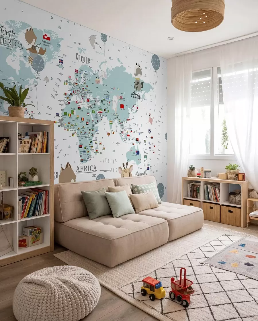 murales de pared Mapamundi infantil con animales u99228