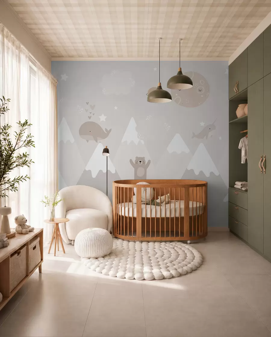 murales de pared Montañas con simpáticos animales, nubes y planetas, colores beige u99206