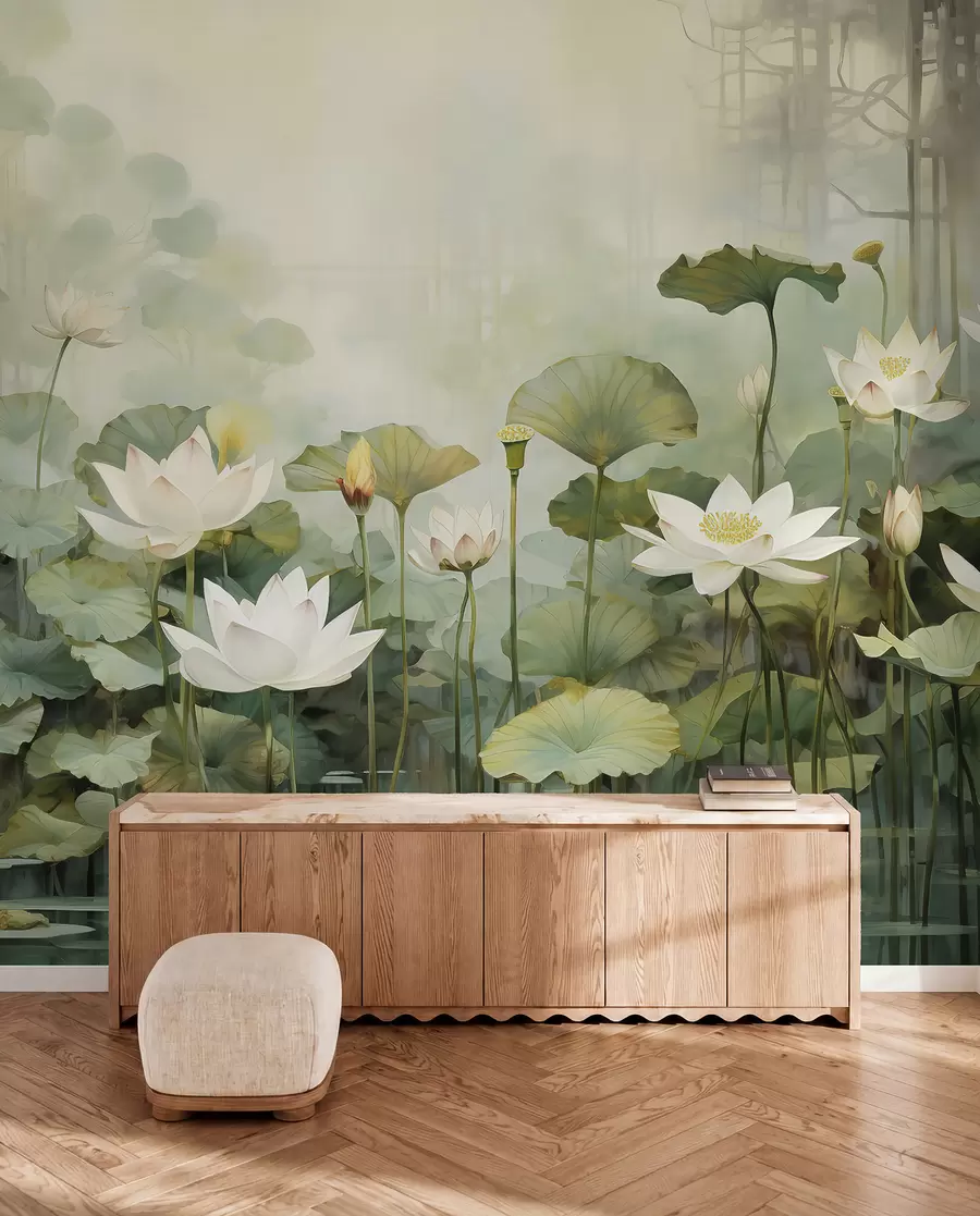 murales de pared Flores de loto en el lago, selva, arte tropical, verdor u99454d1