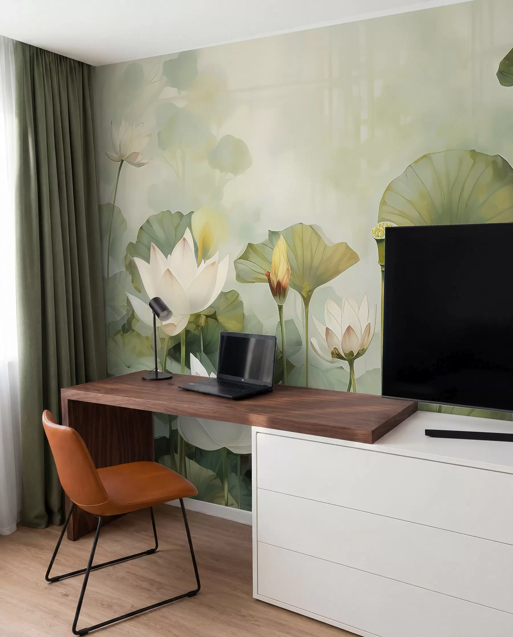 murales de pared Flores de loto en el lago, selva, arte tropical, verdor u99454d1