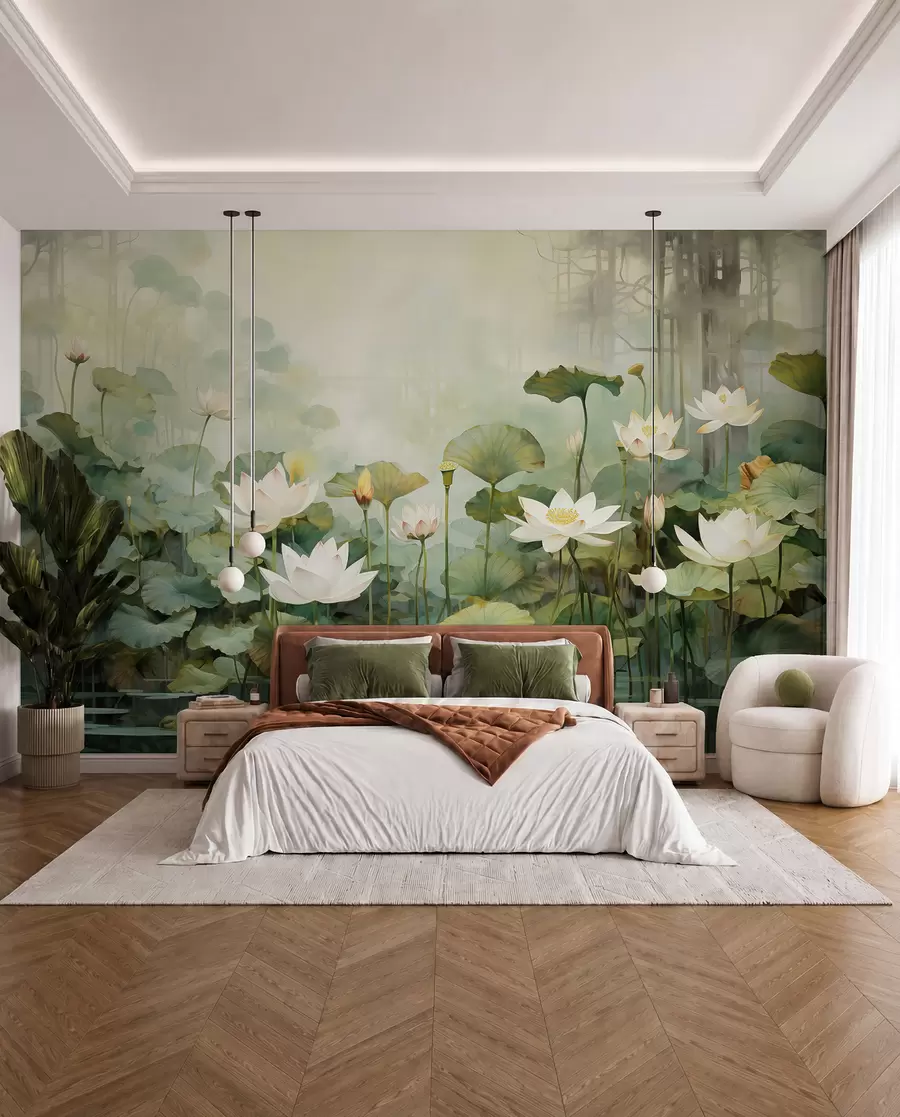 murales de pared Flores de loto en el lago, selva, arte tropical, verdor u99454