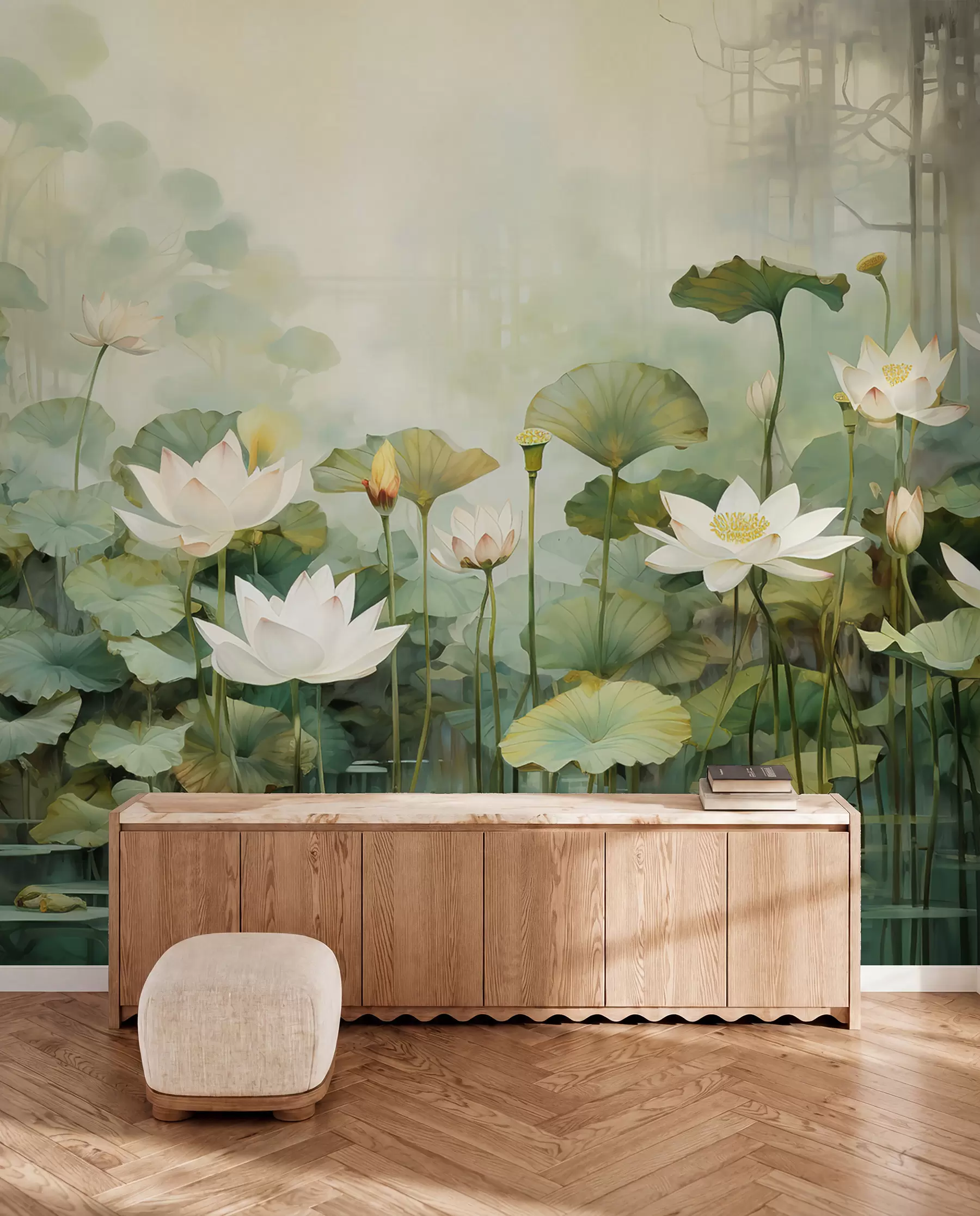 murales de pared Flores de loto en el lago, selva, arte tropical, verdor u99454