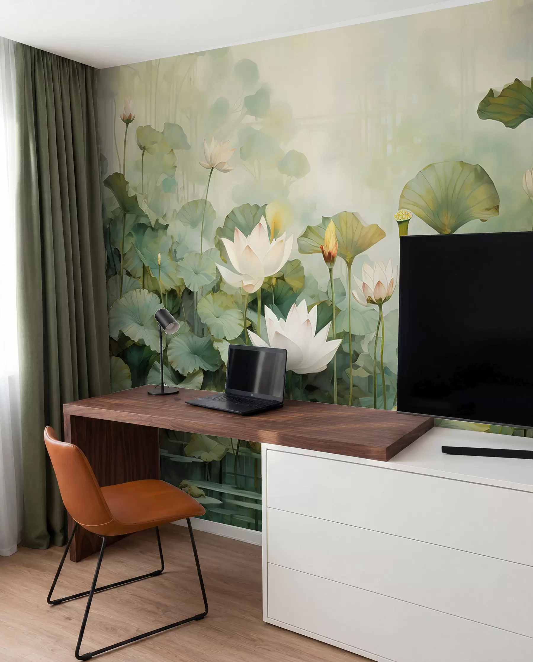 murales de pared Flores de loto en el lago, selva, arte tropical, verdor u99454