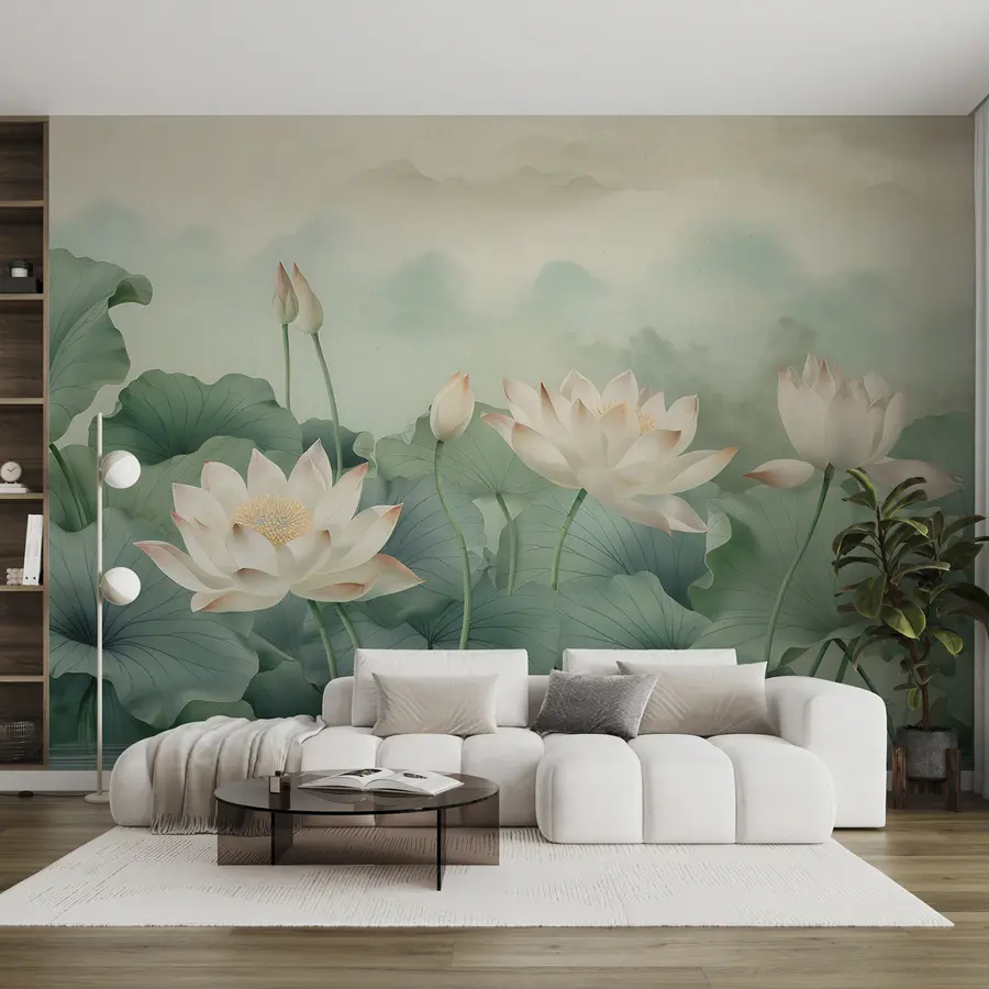 Murales de pared Flores de loto en el lago, niebla, arte tropical, vegetación u99455 murales de pared Flores de loto en el lago, niebla, arte tropical, vegetación u99455