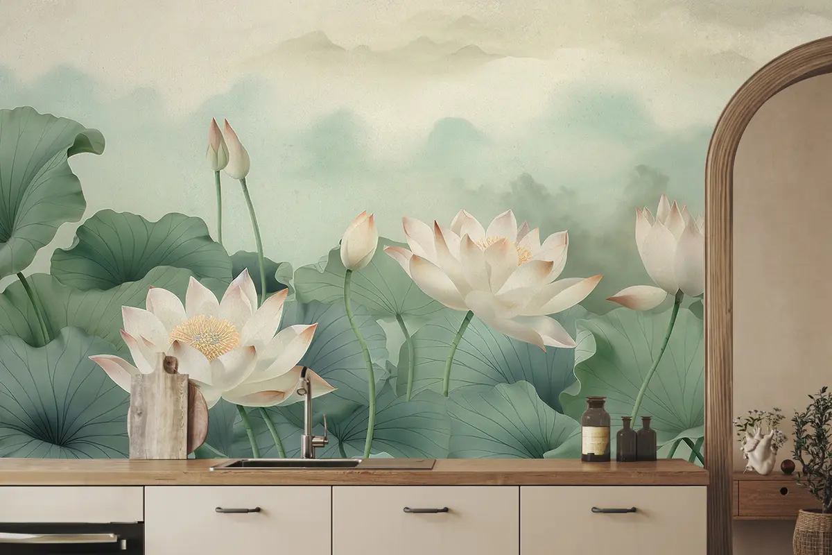 Murales de pared Flores de loto en el lago, niebla, arte tropical, vegetación u99455 murales de pared Flores de loto en el lago, niebla, arte tropical, vegetación u99455