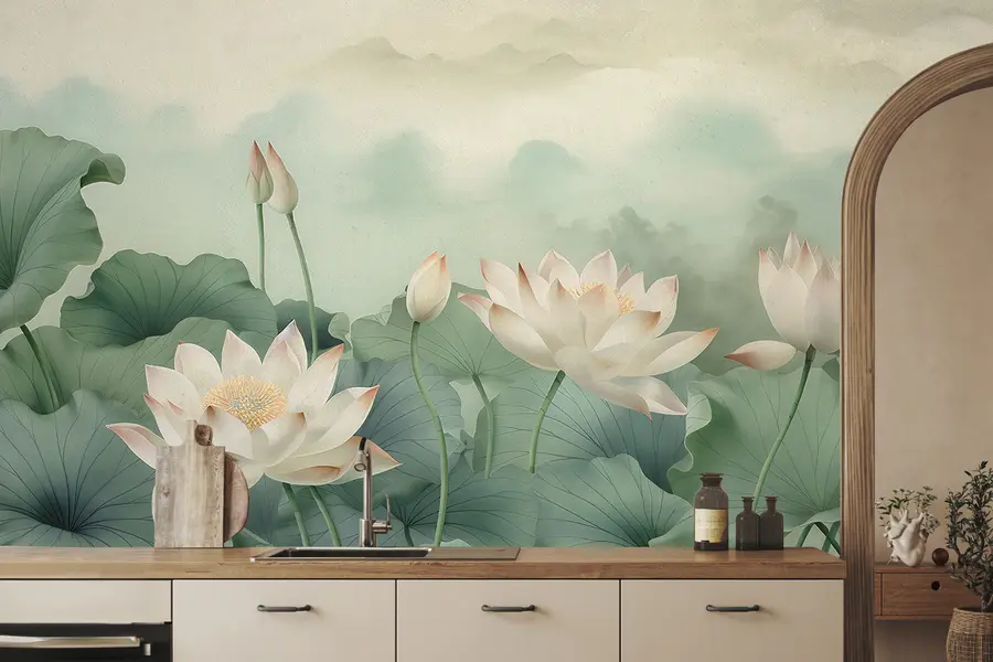 Murales de pared Flores de loto en el lago, niebla, arte tropical, vegetación u99455 murales de pared Flores de loto en el lago, niebla, arte tropical, vegetación u99455