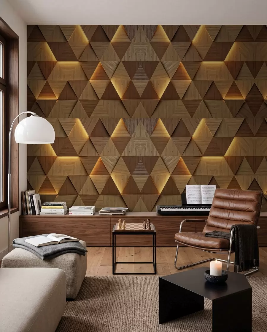 murales de pared Triángulos de madera clásicos con iluminación 3D u99280