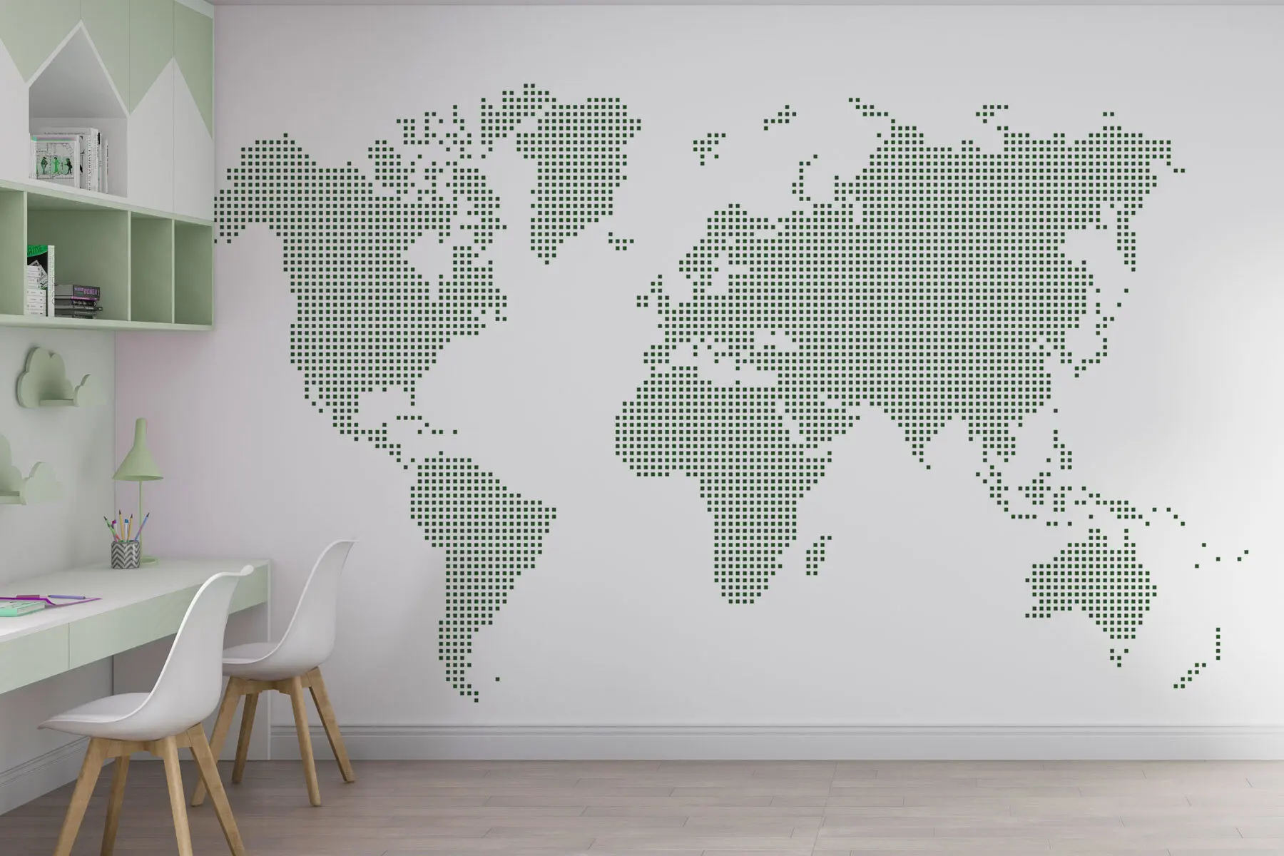murales de pared Mapa del mundo con puntos cuadrados verdes u99406v2