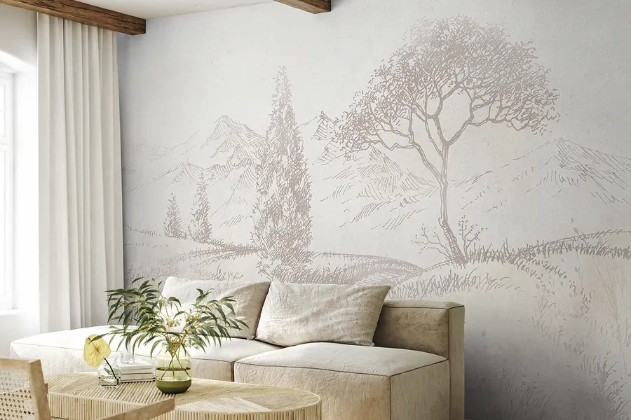 Murales de pared Paisaje de Toscana, árbol, campo, minimalismo, colores beige naturales u99570 murales de pared Paisaje de Toscana, árbol, campo, minimalismo, colores beige naturales u99570