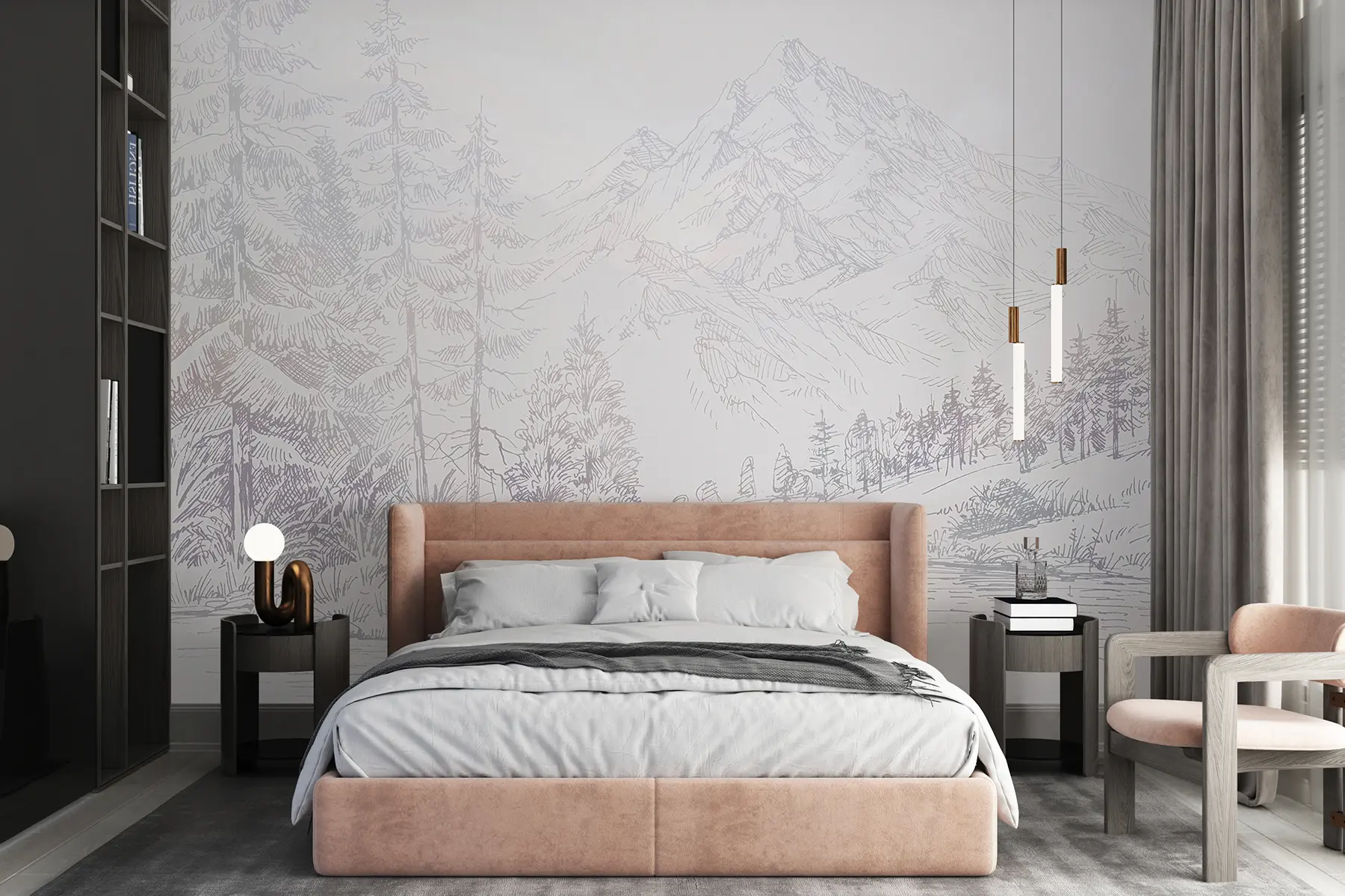 murales de pared Paisaje de montañas alpinas, minimalismo, colores púrpura u99569v1