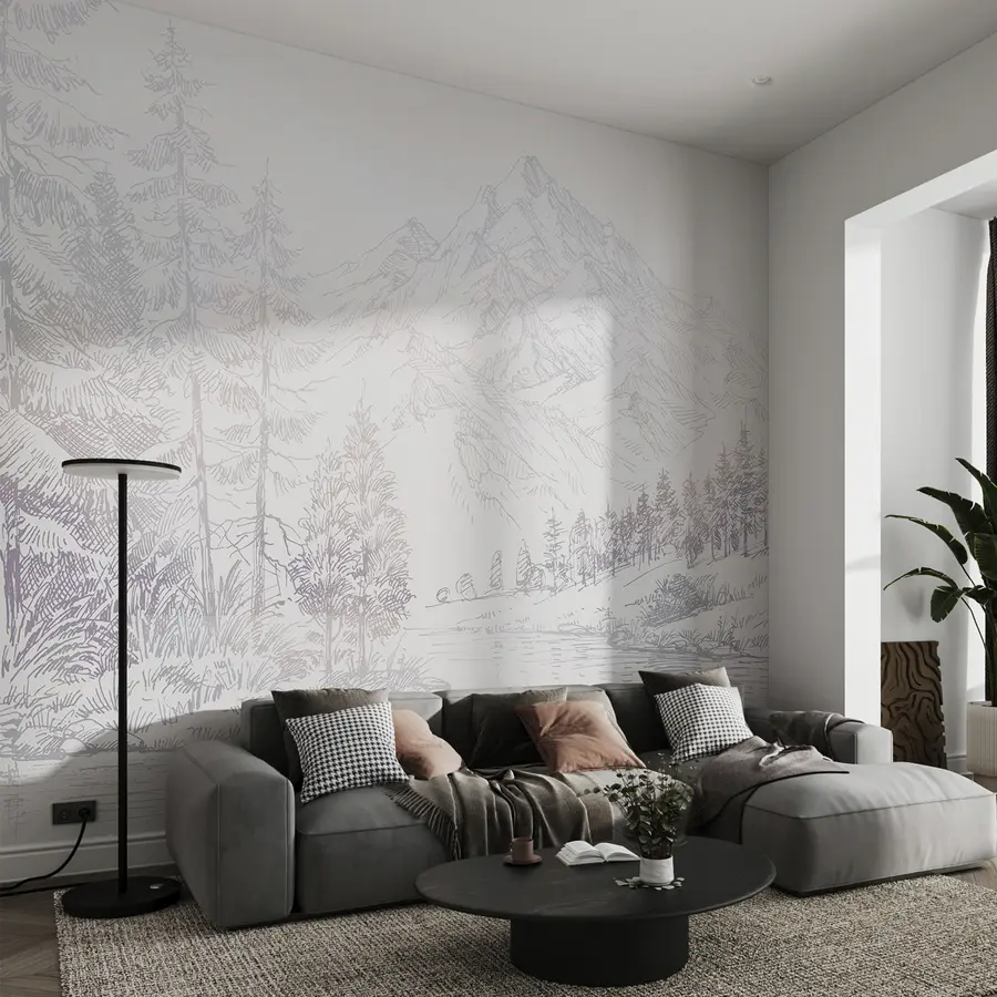 Murales de pared Paisaje de montañas alpinas, minimalismo, colores púrpura u99569v1 murales de pared Paisaje de montañas alpinas, minimalismo, colores púrpura u99569v1