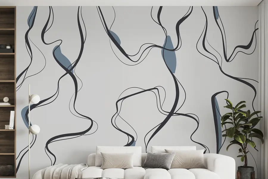 murales de pared Dibujo artístico a tinta, motivo abstracto, líneas geométricas, gris y azul u99659