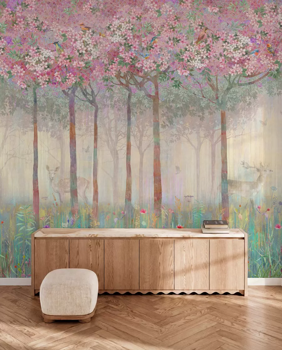 murales de pared Árboles en flor con troncos largos, ciervos entre los árboles u62100d2